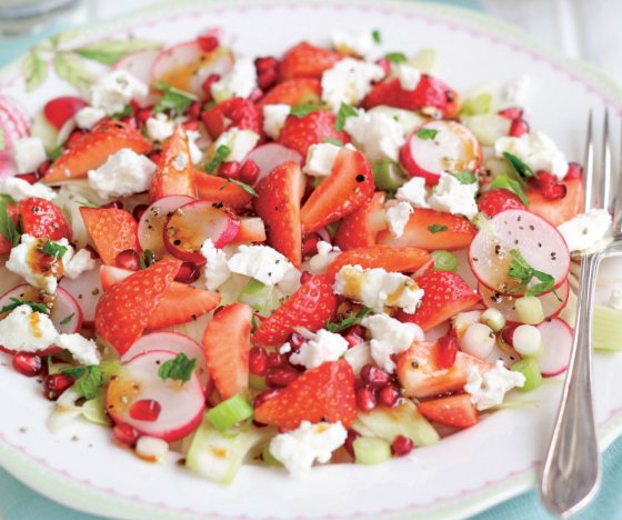 Strawberry, Pomegrante, Fennel, Radish and Mint Salad topped with Crumbled Feta Recipe